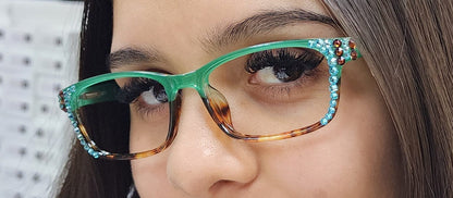 Desiree, (Bling) Women Reading Glasses W (Aquamarine, Cooper) Genuine European Crystals. +1.5 ..+6 Square. High Strength. NY Fifth Avenue