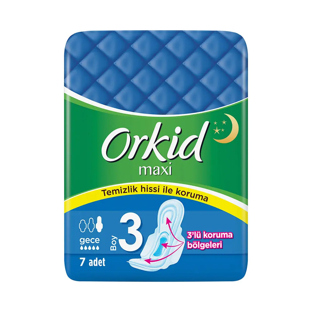 Orkid Maxi Night Sanitary Pads for Leak Protection 7 Count