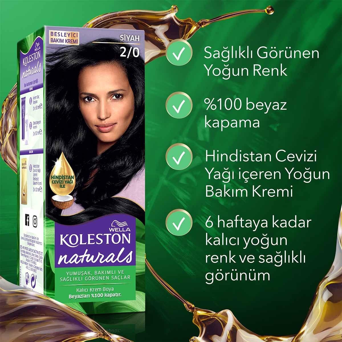 Wella Koleston Naturals 2/0 Intense Black Hair Dye: Long Lasting Color & Perfect Grey Coverage with Coconut Oil