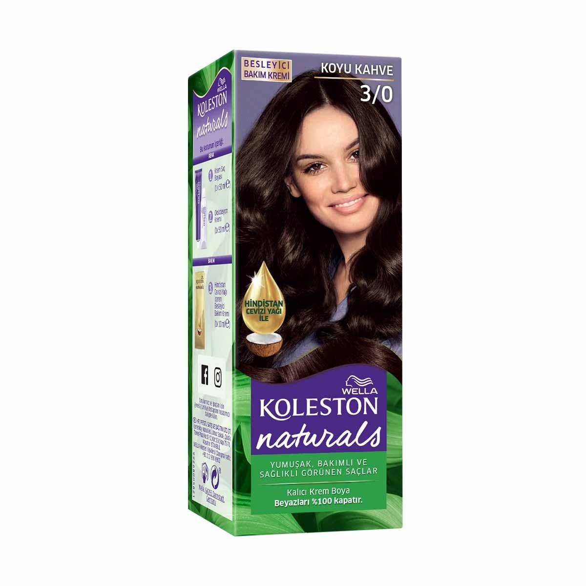 Wella Koleston Naturals 3/0 Dark Brown Hair Dye: Long Lasting Color & Gray Coverage with Coconut Oil for Intense Shine