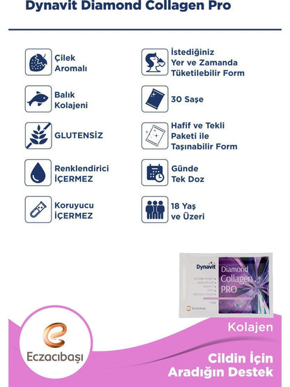 Dynavit Diamond Collagen Pro 30 Sachets - Premium Collagen Supplement with Hyaluronic Acid & Vitamin C for Skin Hydration and Anti-Aging