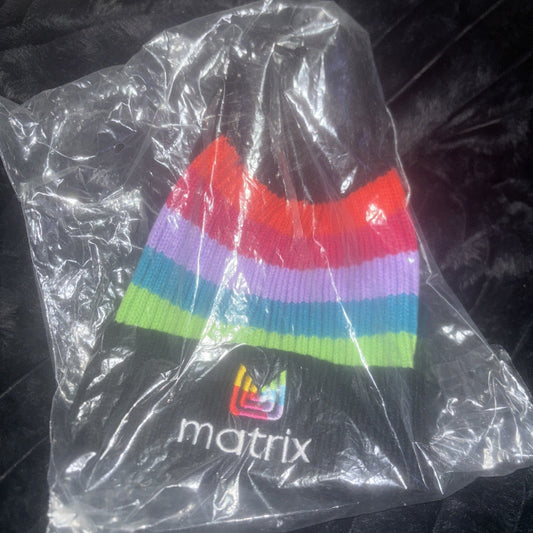 Matrix Black and Striped Pom Beanie Hat