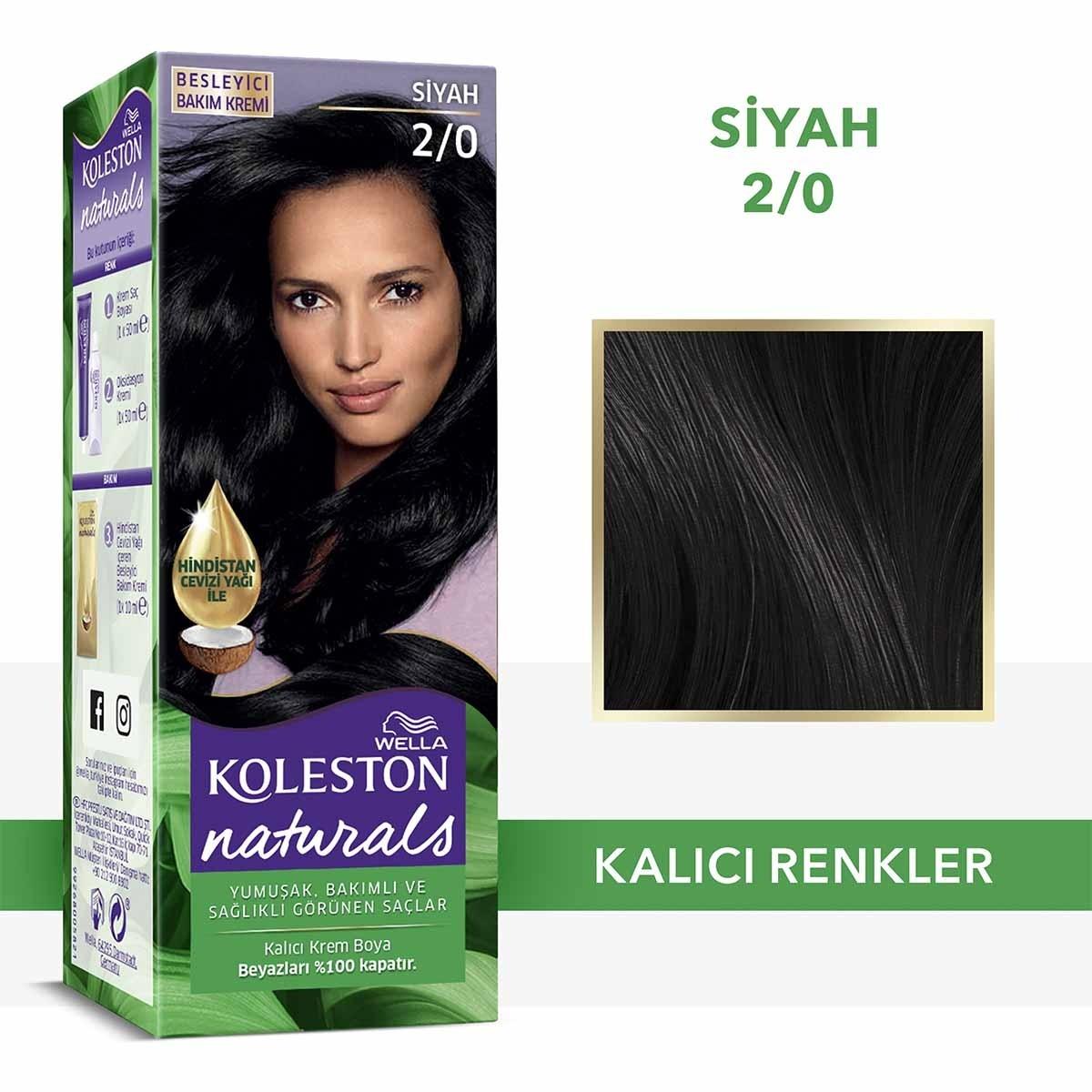 Wella Koleston Naturals 2/0 Intense Black Hair Dye: Long Lasting Color & Perfect Grey Coverage with Coconut Oil