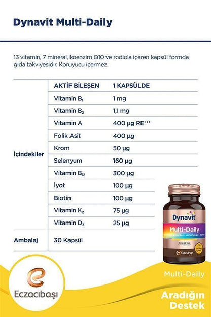 Dynavit Multivitamin with Koenzim Q10 and Rhodiola - 30 Capsules