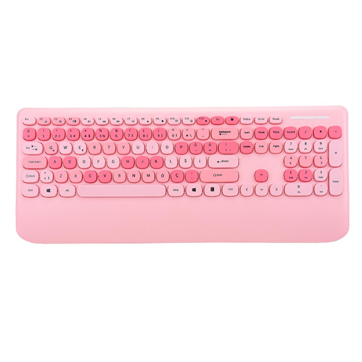Everest Wireless Keyboard and Mouse Set - 2.4Ghz Wireless Combo, TR Layout Keyboard, 1600 DPI Mouse, Ergonomic Wrist Rest - Everest Renkli Tuşlu Pembe Kablosuz Q Multimedia Klavye + Mouse Set