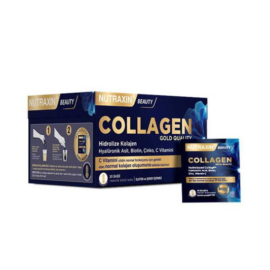 Nutraxin Beauty Gold Collagen Supplement - 30 Sachets | Hydrolyzed Collagen, Hyaluronic Acid, Vitamin C, Zinc, Biotin