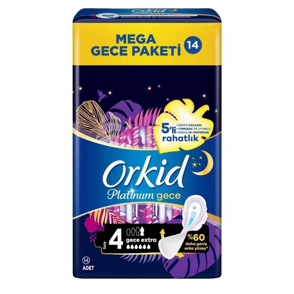Orkid Platinum Night Extra Sanitary Pads with Wings 14 Count