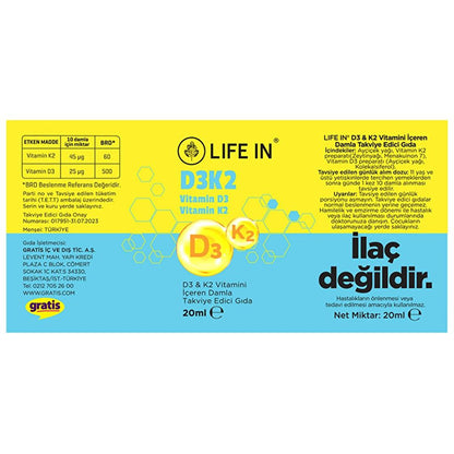Life In Vitamin D3 & K2 Liquid Supplement Drops 20 ml