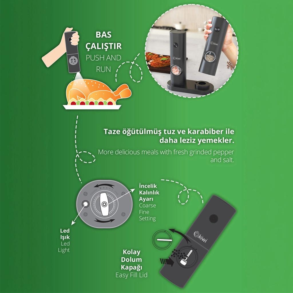 Kiwi Automatic Salt & Pepper Grinder - One-Touch Spice Mill