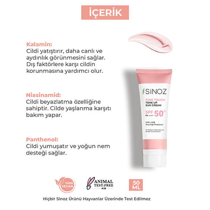 Sinoz SPF50+ Pink Touch Facial Sunscreen: Tone Up & Protect with High Protection, Calamine & PA++++ for Radiant Skin (1.69 fl oz)