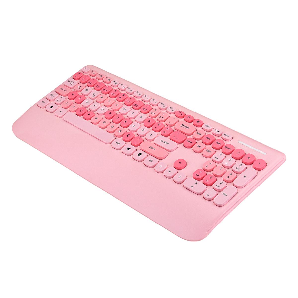 Everest Wireless Keyboard and Mouse Set - 2.4Ghz Wireless Combo, TR Layout Keyboard, 1600 DPI Mouse, Ergonomic Wrist Rest - Everest Renkli Tuşlu Pembe Kablosuz Q Multimedia Klavye + Mouse Set