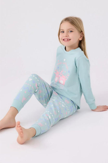 Roly Poly Girls Long Pajama Set Soft Cotton Blend Water Green
