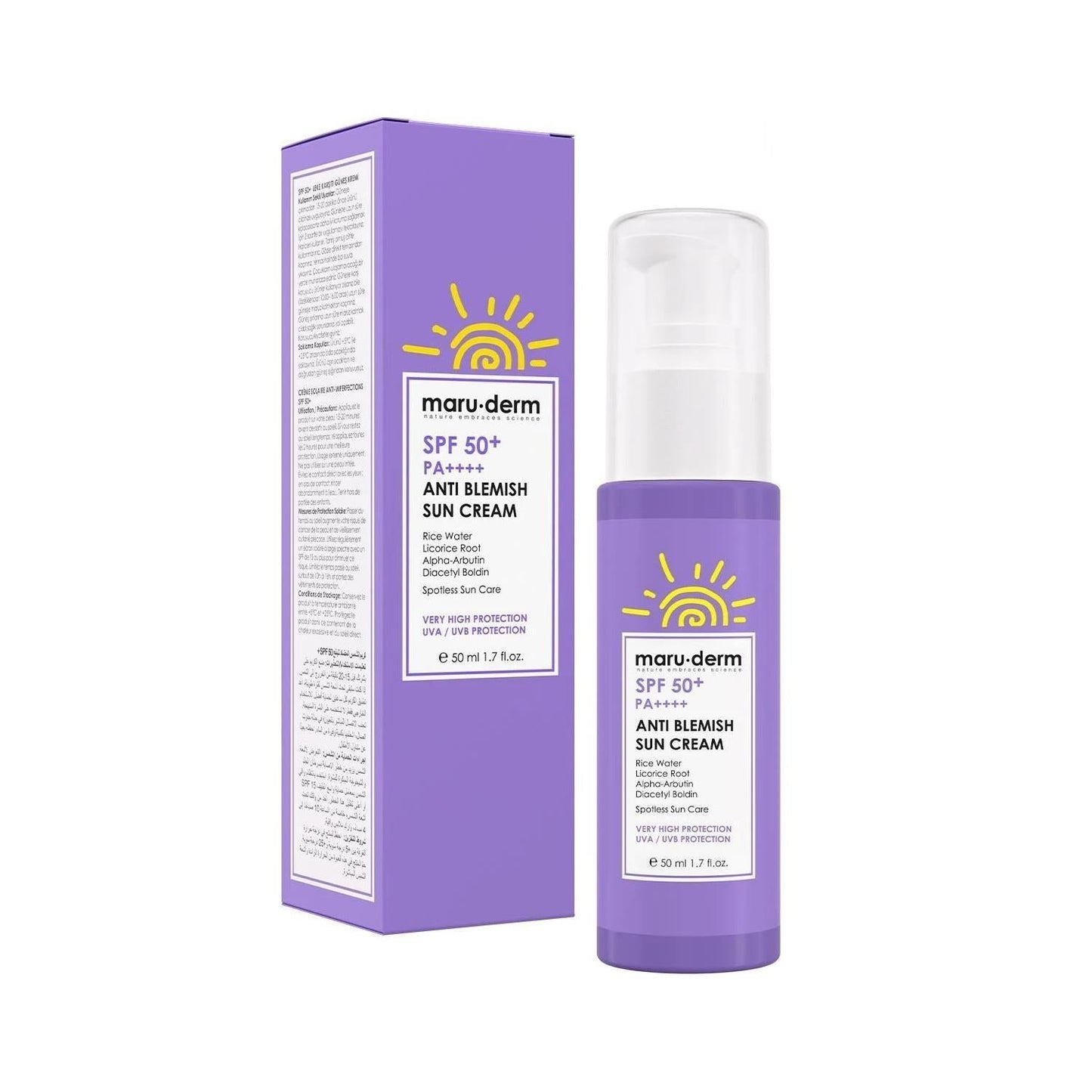 Maruderm SPF 50+ Anti-Blemish Korean Sunscreen: High UVA/UVB Protection, Reduce Blemishes, Water-Based Formula, All Skin Types