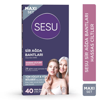 Sesu Sensitive Skin Wax Strips Set - 40 Count, Sugar-Free, Easy Hair Removal for Body & Face
