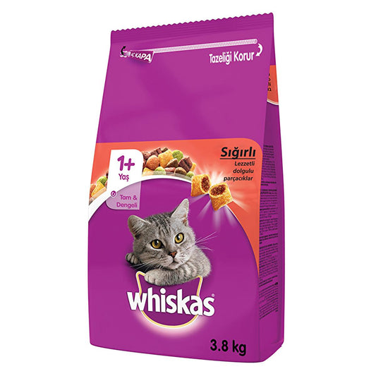 Whiskas Beef Flavor Cat Dry Food for Adult Cats - 3.8 kg, Nutritionally Balanced, Dental Care, Healthy Coat