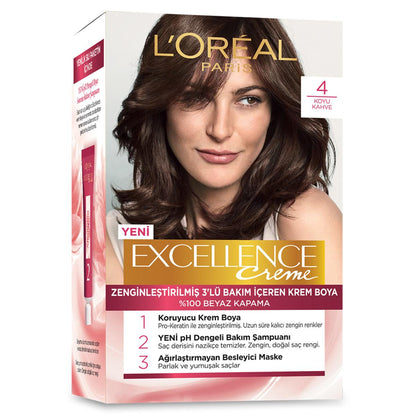 Loreal Paris Excellence Creme Hair Dye - 4 Koyu Kahve, 100% Grey Coverage, Nourishing Hair Color
