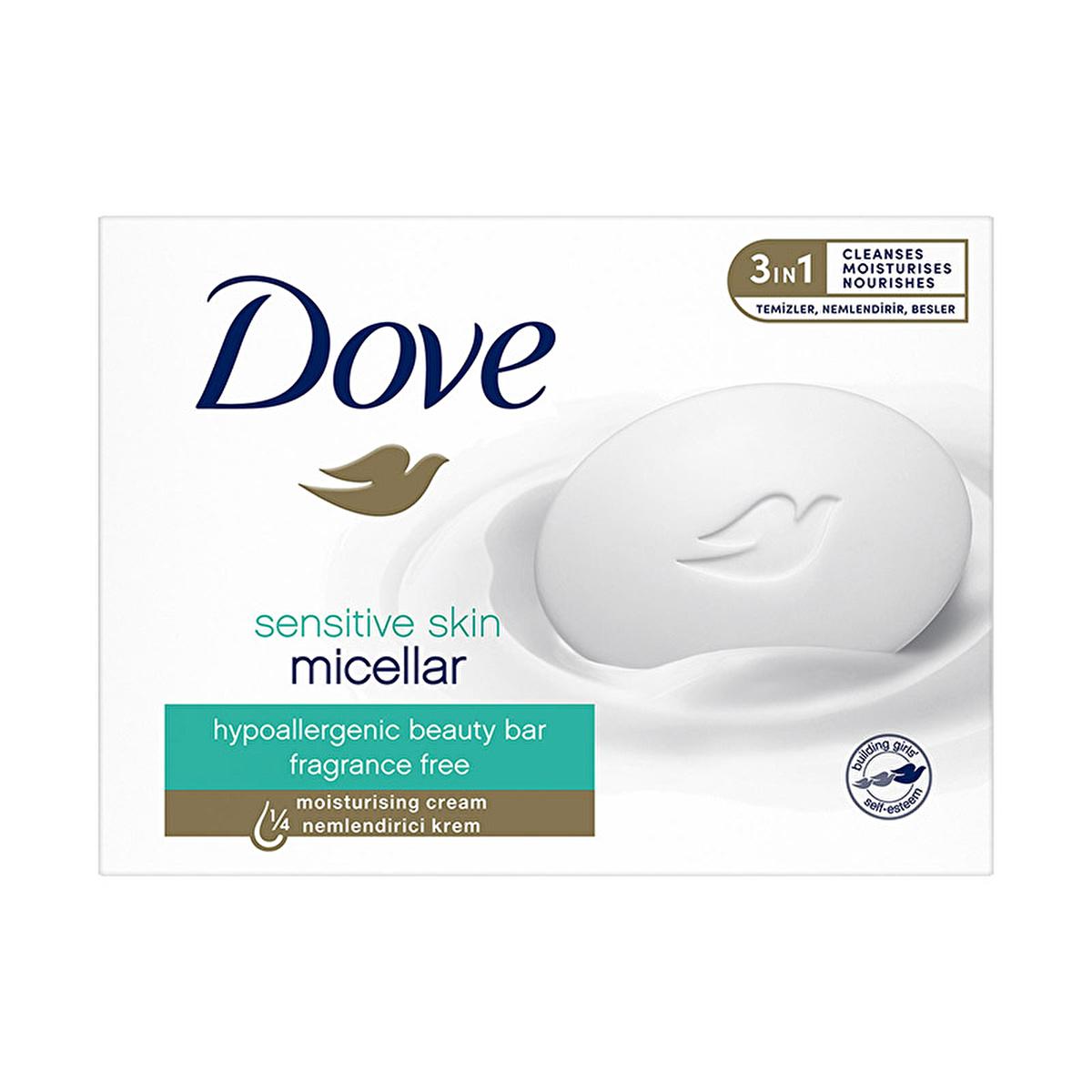 Dove Sensitive Skin Beauty Bar - Micellar Cleansing Soap with Moisturizing Cream, Hypoallergenic & Fragrance-Free