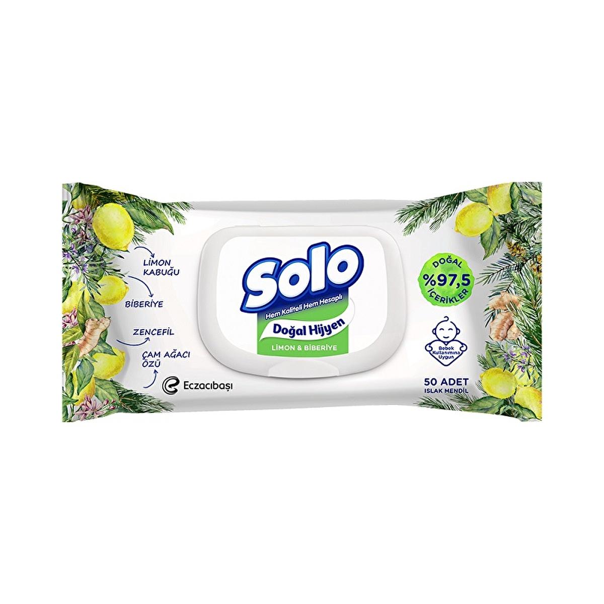 Solo Natural Wet Wipes with Lemon & Rosemary - Hypoallergenic, 97.5% Natural Content, Gentle Cleansing for Hands and Face