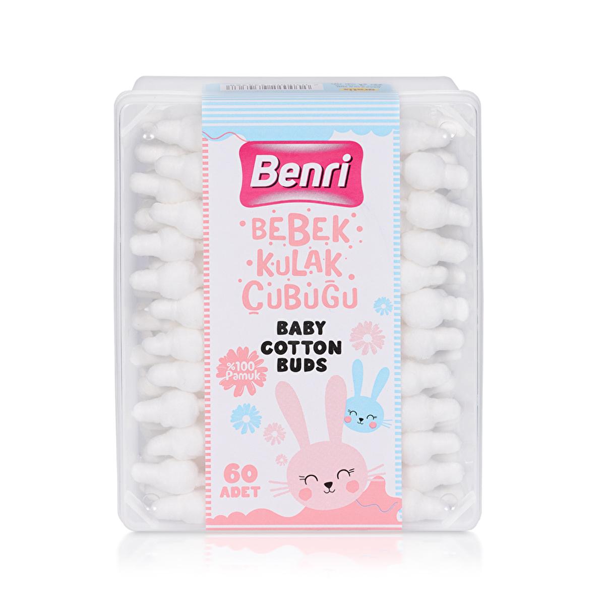 Benri Baby Cotton Swabs - 100% Cotton, Dermatologically Tested, Safe Ear Cleaning for Infants (60 Count)