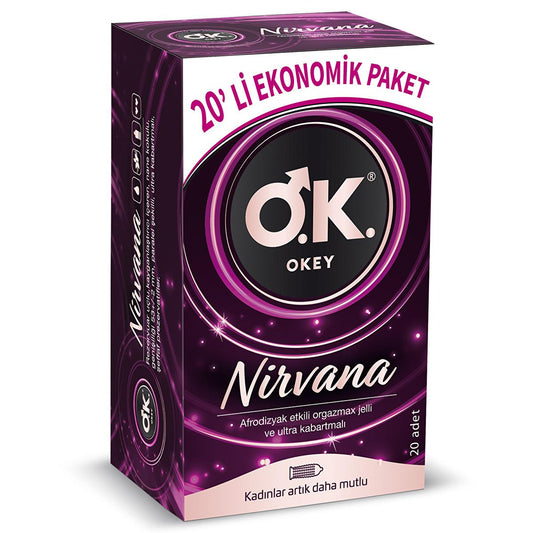 Okey Nirvana Aphrodisiac Condoms - Ultra Ribbed Texture, 20 Count - Enhance Intimacy & Pleasure