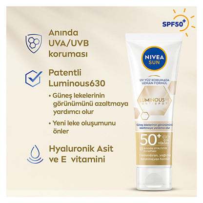 Nivea Sun Luminous630 SPF 50 Face Sunscreen: Reduce Dark Spots, Anti-Aging, Hyaluronic Acid - Daily Sun Protection Cream