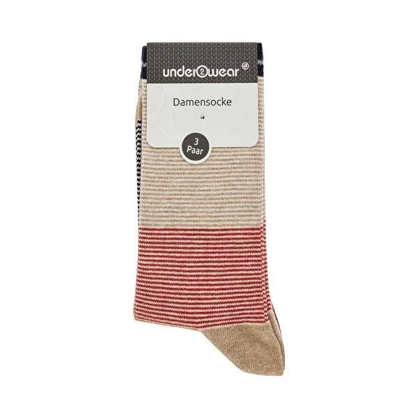 Underwear Women's Striped Cotton Socks 3-Pack: Red & Beige, Comfortable Fashion Socks for US Size 8.5-11