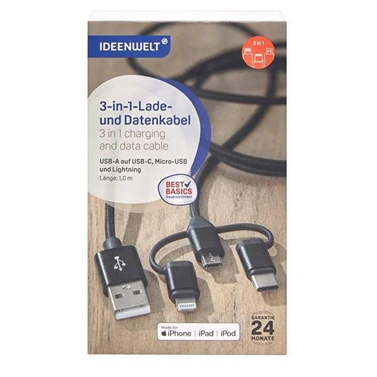 Ideenwelt 3-in-1 Charging Cable - Universal USB-C, Micro USB, Lightning Cable with Nylon Braiding