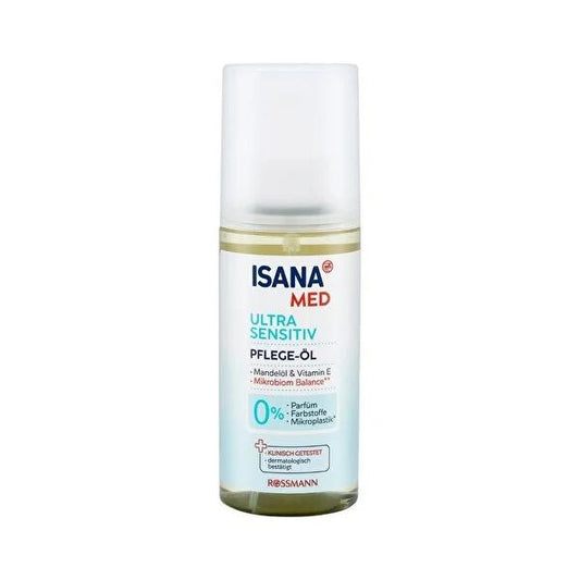 Isana Med: Ultra Sensitive Face & Body Oil - Fragrance-Free, Vegan Formula with Almond Oil & Vitamin E - Soothe, Nourish & Protect Sensitive Skin